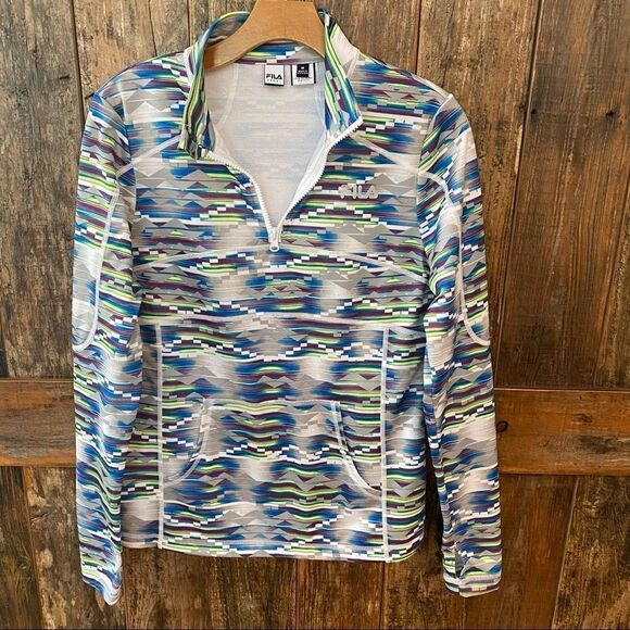 Fila Sport M Women’s Teal Gray Aztec 1/4 Zip Workout Yoga Exercise Jacket - Picture 2 of 9